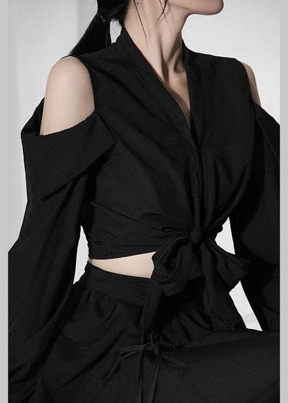 Organic Black Cold Shoulder V Neck Long Sleeve Top