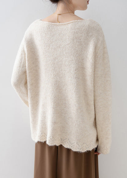 White V Neck Nail Bead Knit Pullover Spring