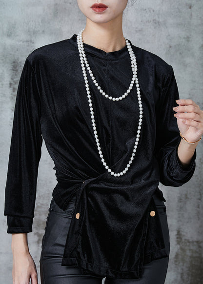 Black Asymmetrical Silm Fit Silk Velour Shirts Spring