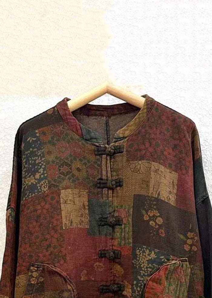 Print Button Patchwork Cotton Coat Long Sleeve Spring