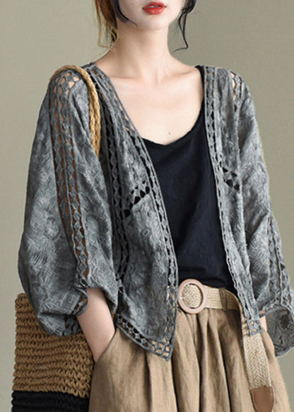 Grey Black Hollow Out Embroideried Cardigans Batwing Sleeve