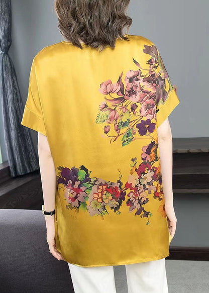 Yellow Print Chiffon Tanks V Neck Short Sleeve
