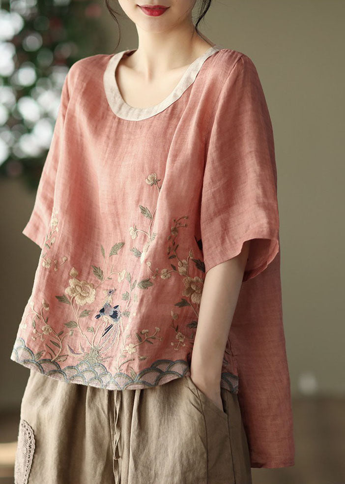 Loose Pink O-neck Embroideried Linen Tanks Short Sleeve