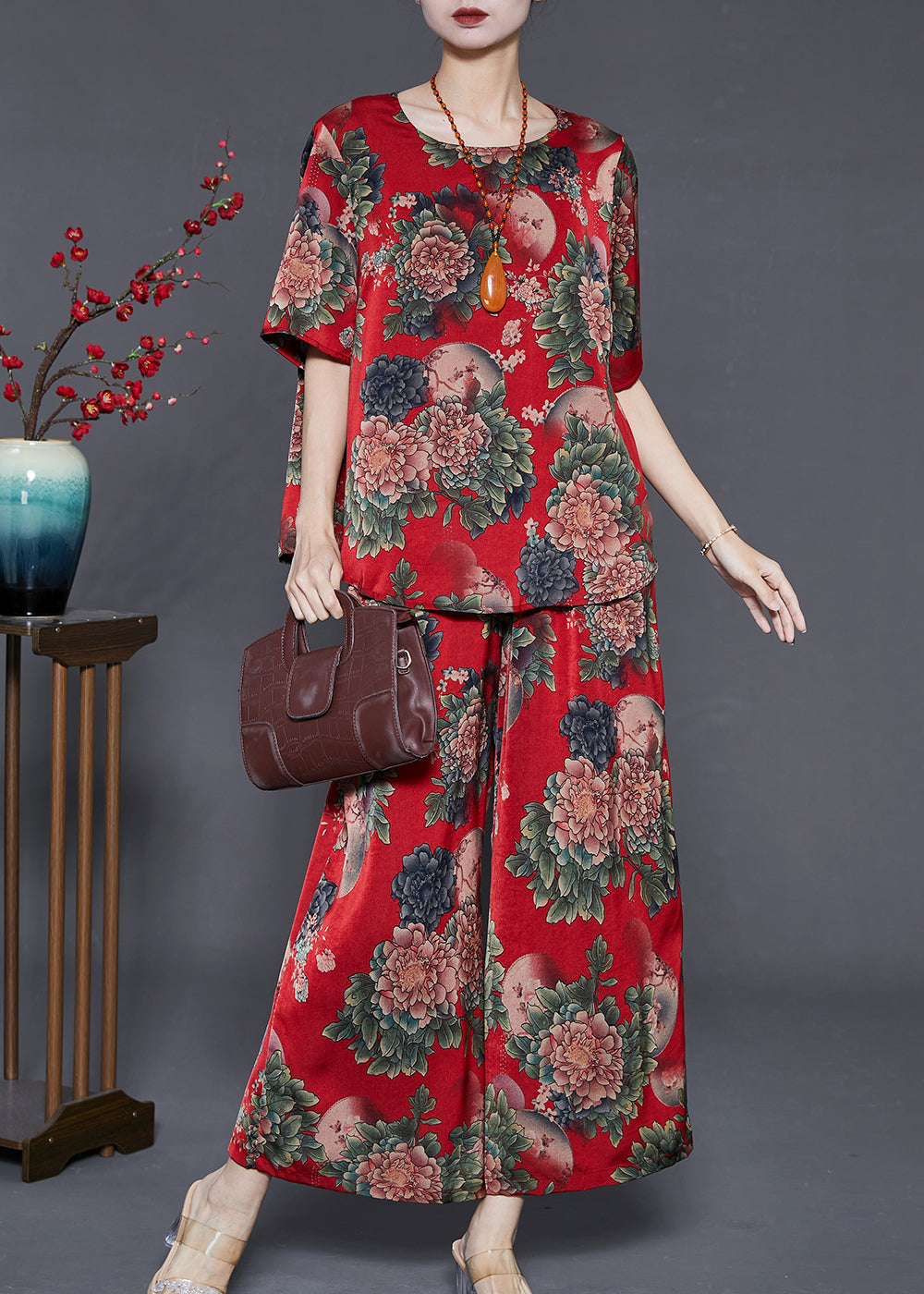 Red Print Silk Two Pieces Set Oversized Summer