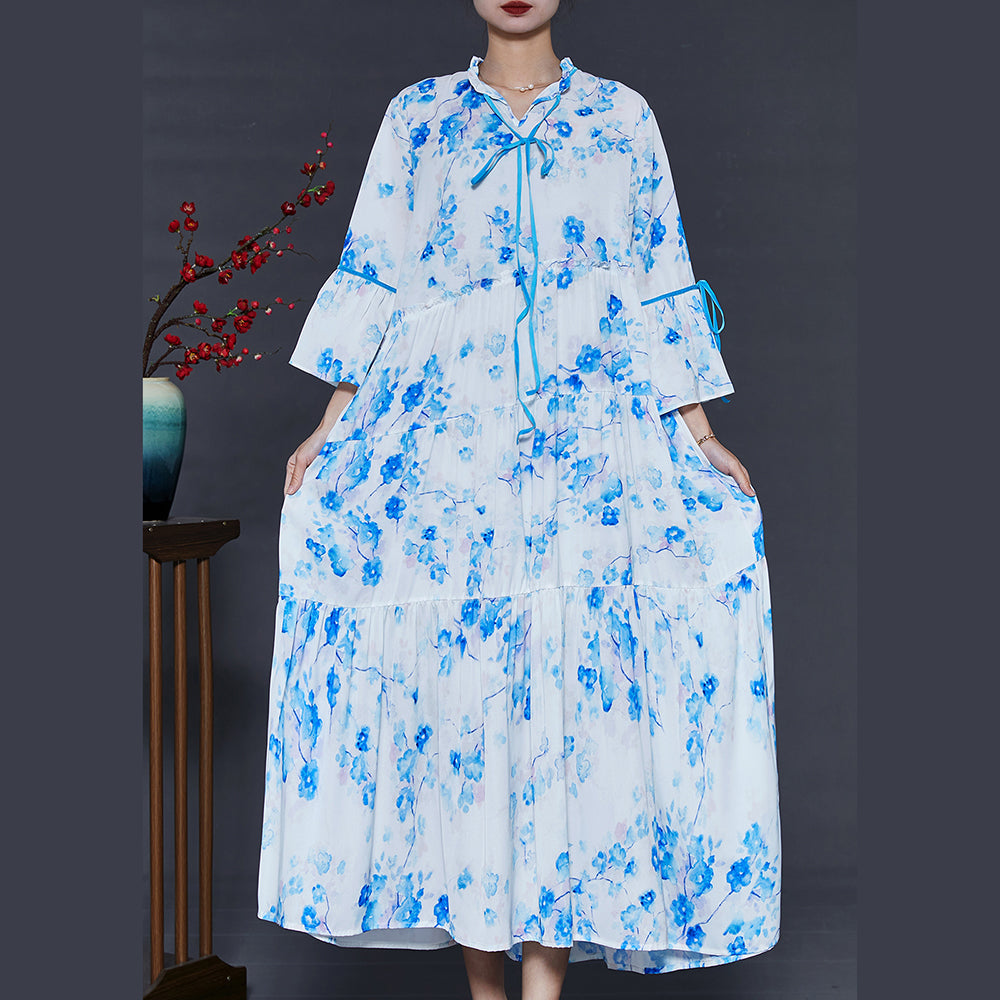 Modern White Ruffled Print Cotton Long Dresses Summer