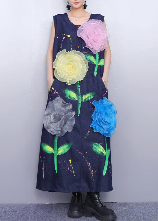 Fitted Navy Painting Multicolored Denim a Line Dress Sleeveless