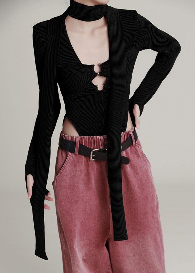 Black U Neck Hollow Out Knit Jumpsuit Long Sleeve