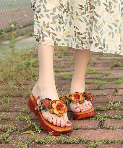 Wedge Thong Sandals Orange Cowhide Leather Flip Flops