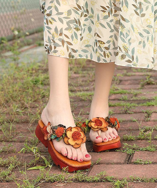 Wedge Thong Sandals Orange Cowhide Leather Flip Flops
