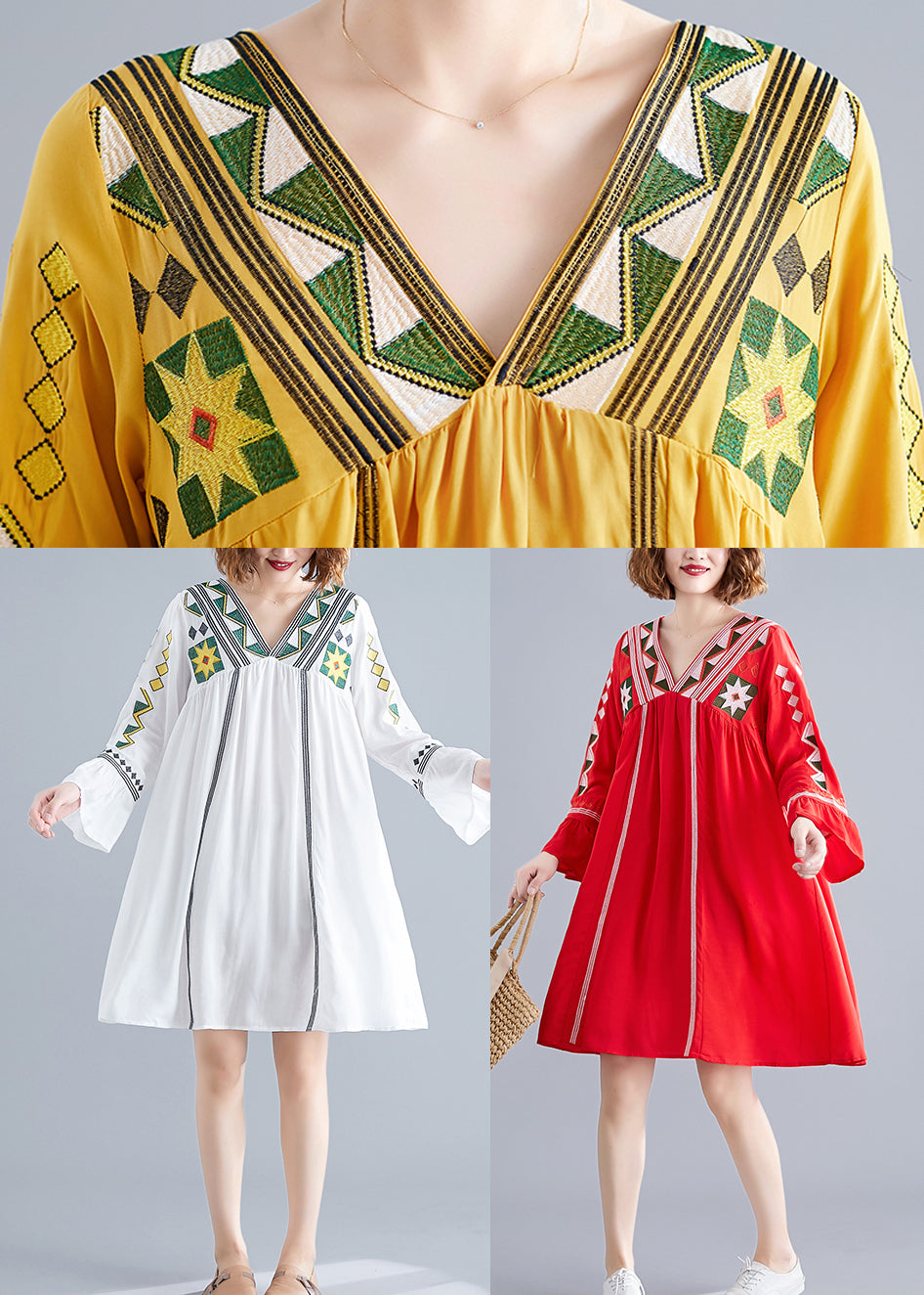 Yellow V Neck a Line Dress Long Sleeve