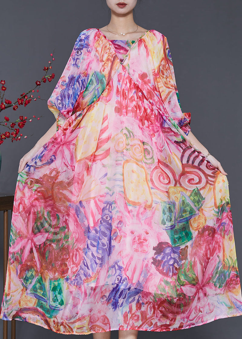 Pink Print Exra Large Hem Chiffon Dresses Lantern Sleeve Spring