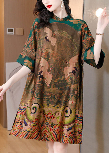 Green Oversized Print Silk Chinese Style Dress Half Sleeve
