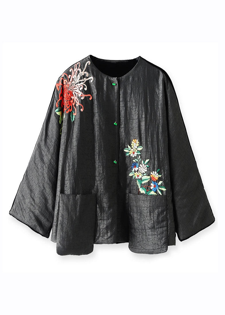 Black Embroideried Button Silk Velour Parka Winter
