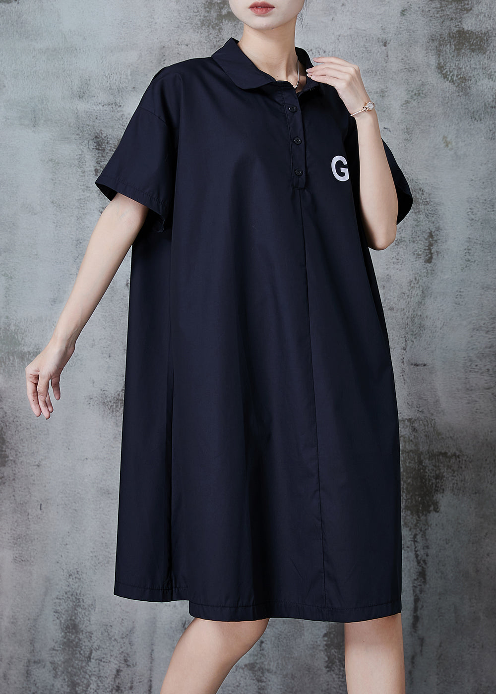 Simple Black Oversized Go Print Cotton Shirt Dress Fall