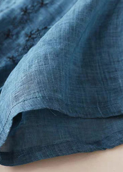 Blue O-neck Embroideried Cotton Dress Short Sleeve