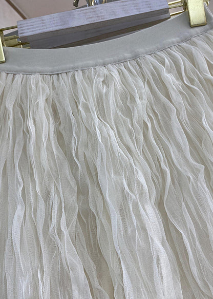 Modern Apricot Patchwork Wrinkled Elastic Waist Tulle Maxi Skirts Spring