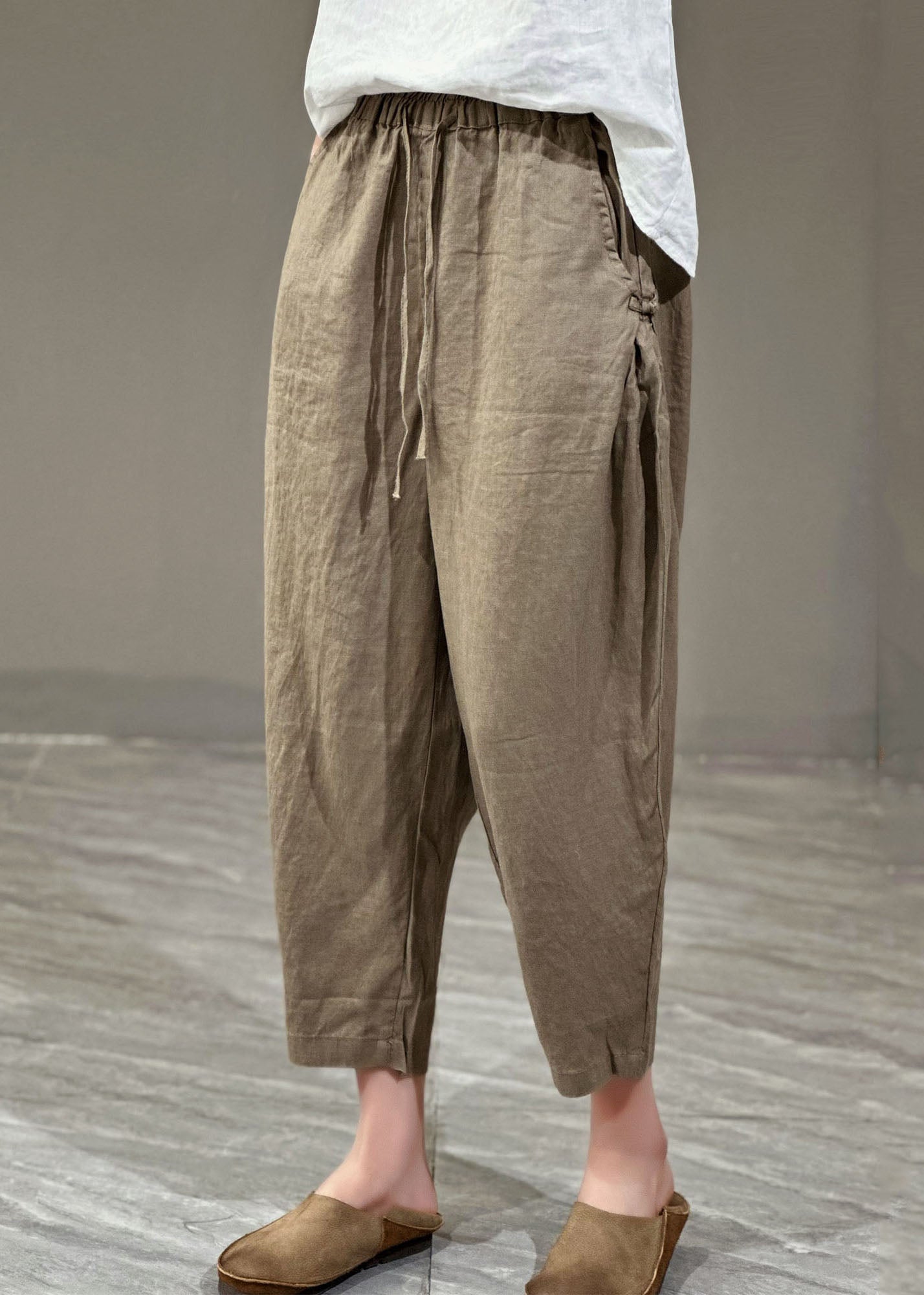 Yellow Pockets Cinched Patchwork Linen Harem Pants Summer