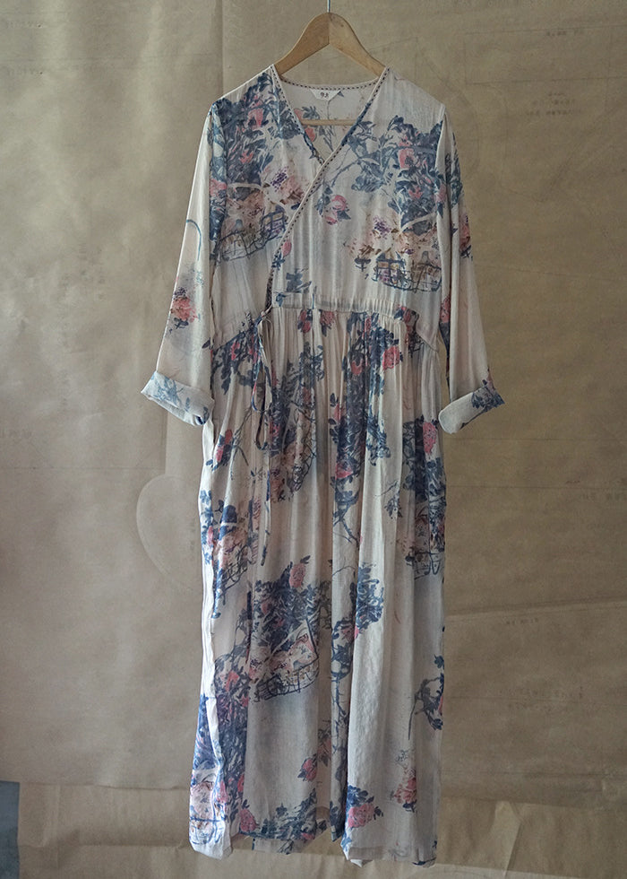 Blue Print Holiday Long Dress Tie Waist V Neck Long Sleeve