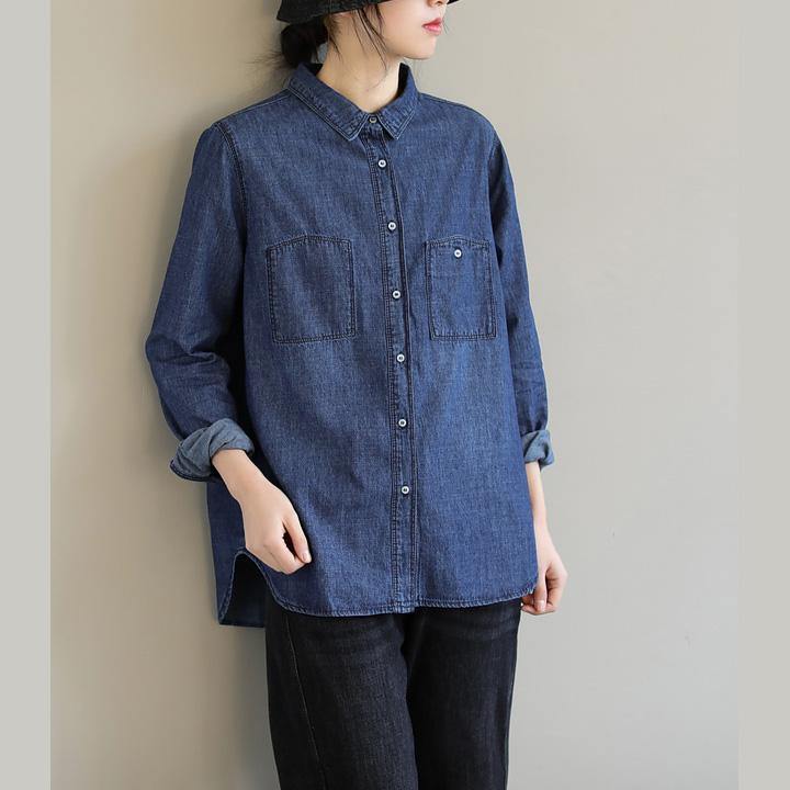 Diy Lapel Pockets Spring Clothes for Pattern Denim Blue Shirt
