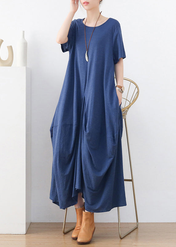Blue Exra Large Hem Pockets Cotton Long Dresses Short Sleeve