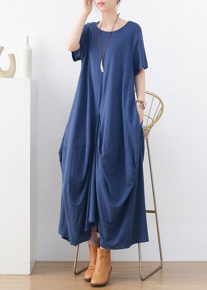 Blue Exra Large Hem Pockets Cotton Long Dresses Short Sleeve
