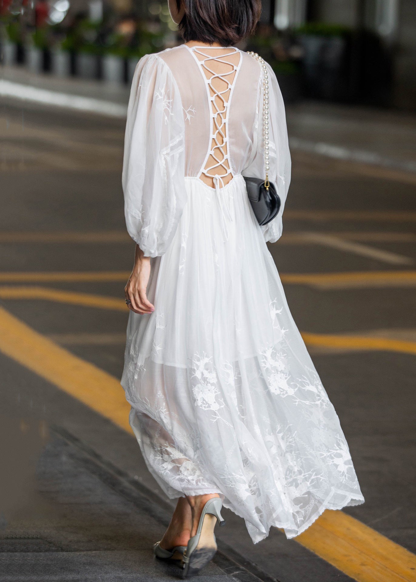 New White Lace Embroidered Lace Up Chiffon Long Dress Spring