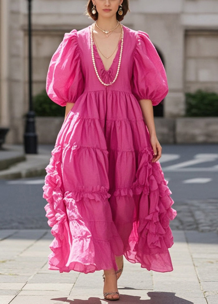 Rose Ruffled Exra Large Hem Cotton Dress Puff Sleeve Summer