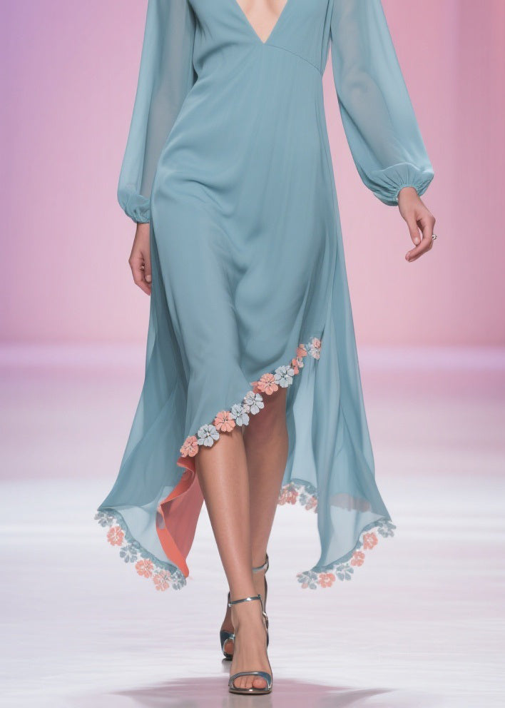Blue Asymmetrical Chiffon Long Dress Spring