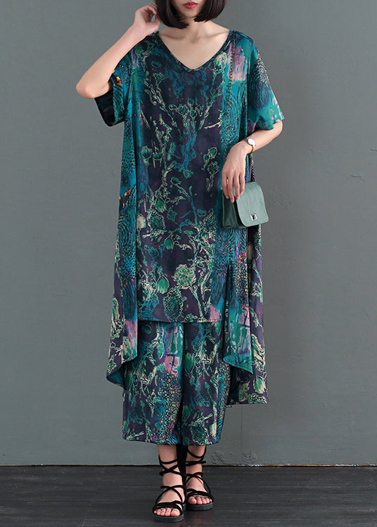 Coffee Print Low High Design Silk Holiday Dress and Pant Two Pieces Set Fall