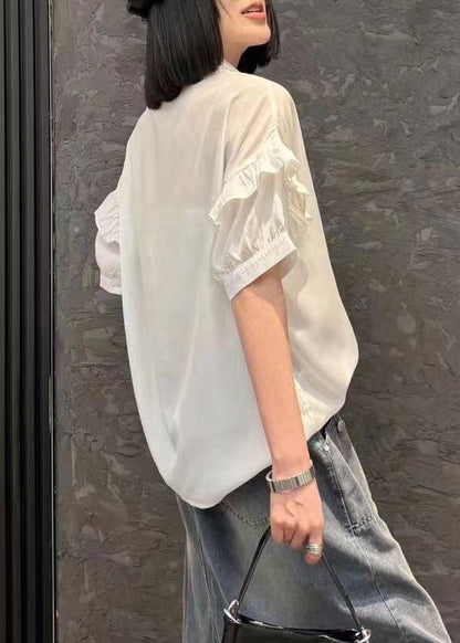 Modern White Peter Pan Collar Shirts and Denim Skirts Two Pieces Set Short Sleeve Summer