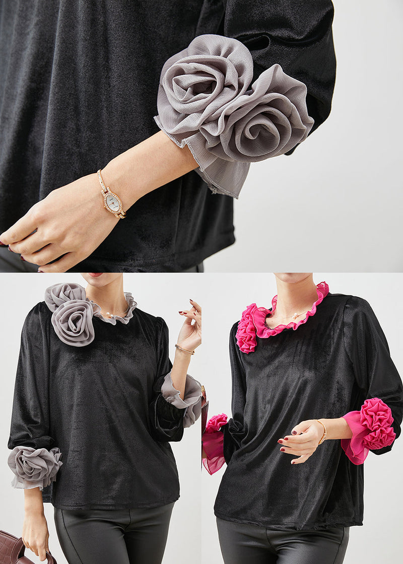 Rose Ruffled Silk Velour Shirt Spring