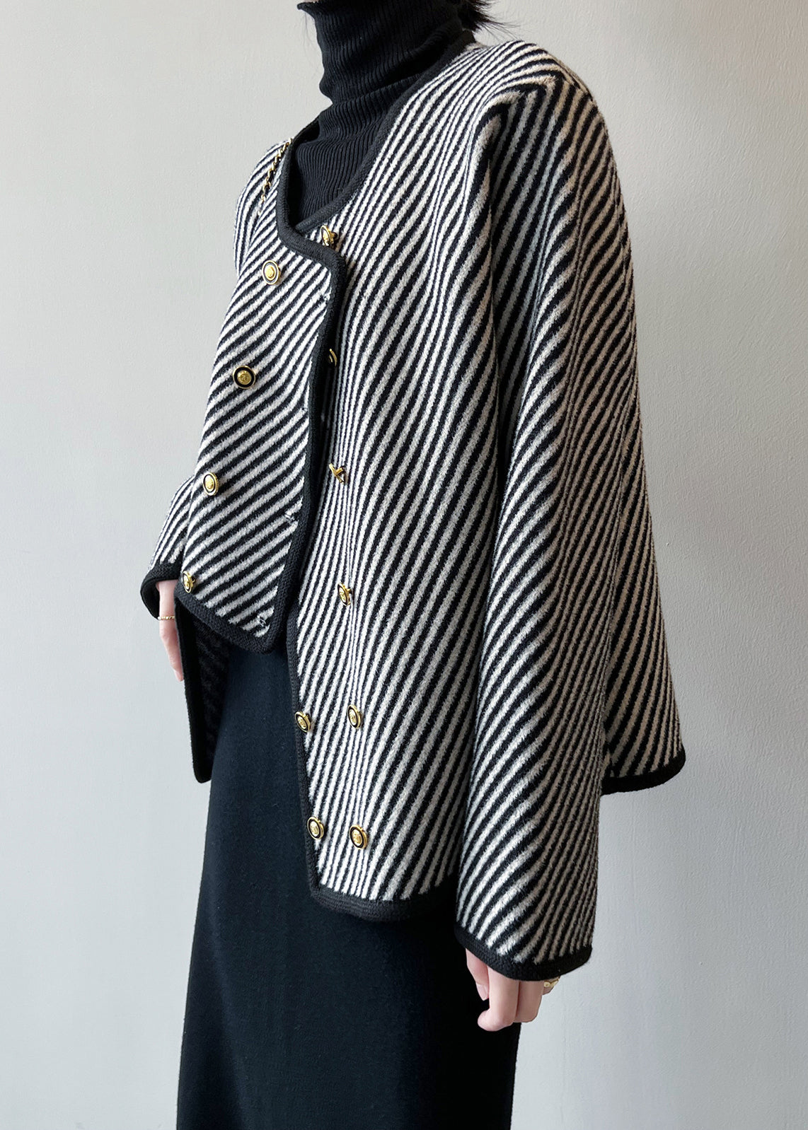 Italian Asymmetrical Striped Double Breast Cotton Coats Fall