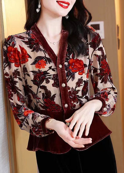 Brown V Neck Print Button Patchwork Velour Shirt Tops Fall