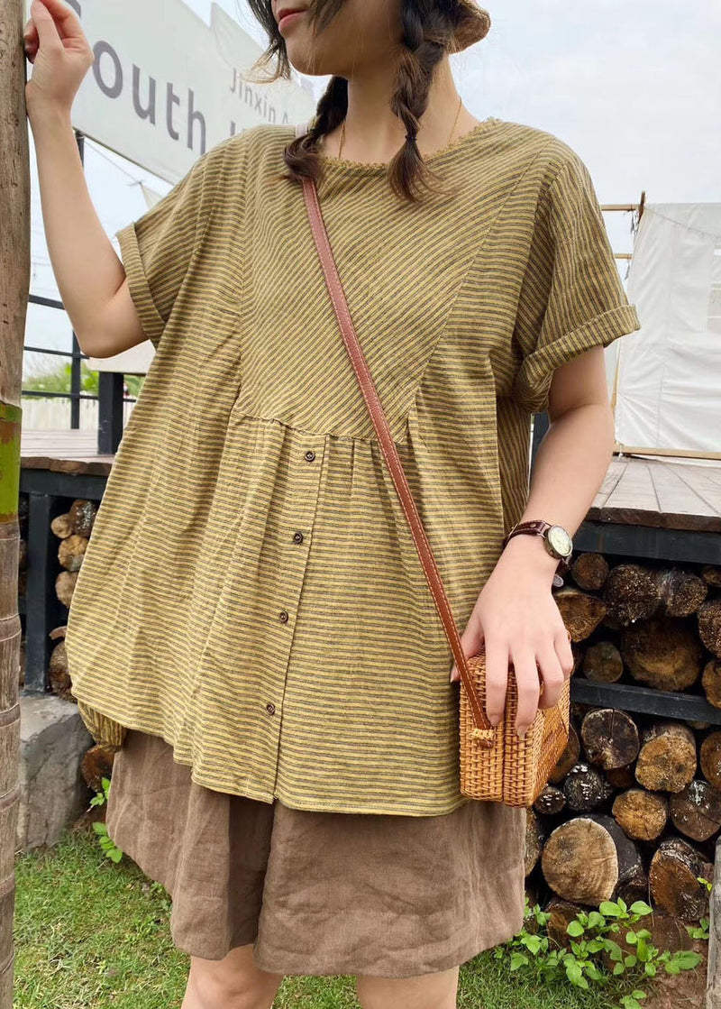 Green Patchwork Striped Linen Top Short Sleeve