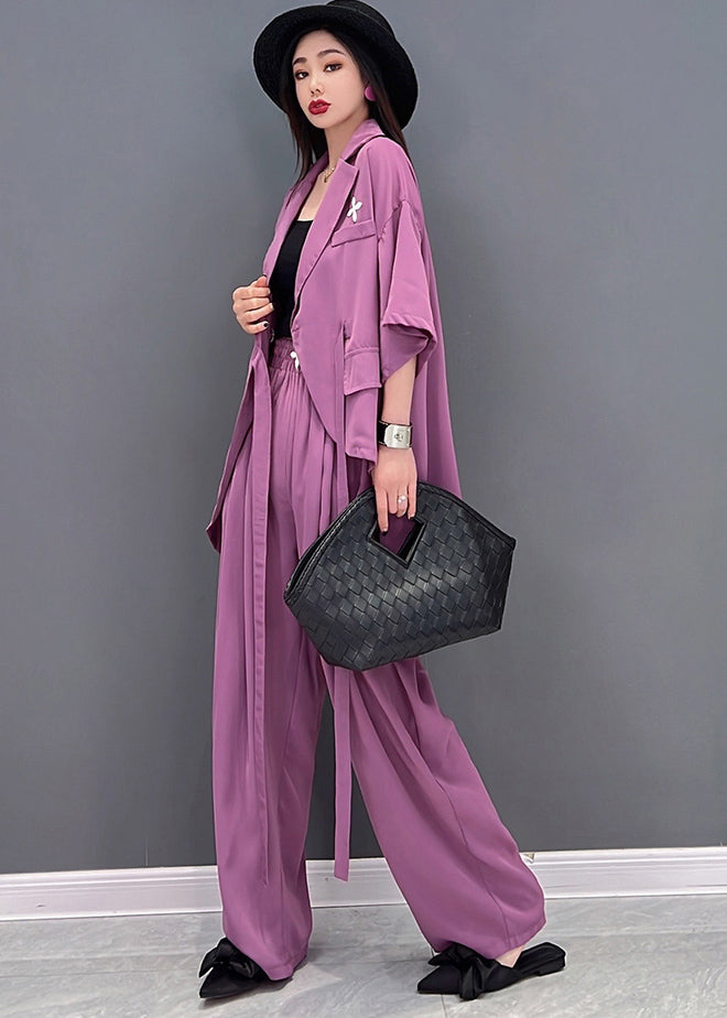 Stylish Purple Notched Collar Tie Waist Low High Design Chiffon Two Pieces Set Summer