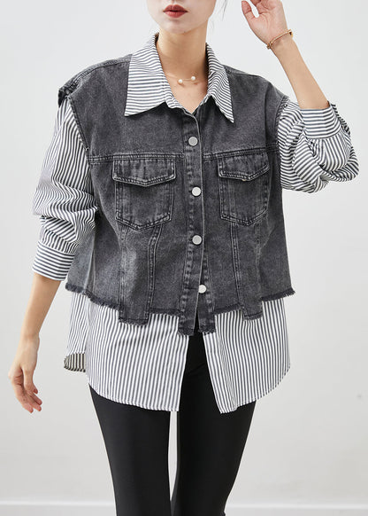 Black Striped Patchwork Denim Coat Outwear Fall