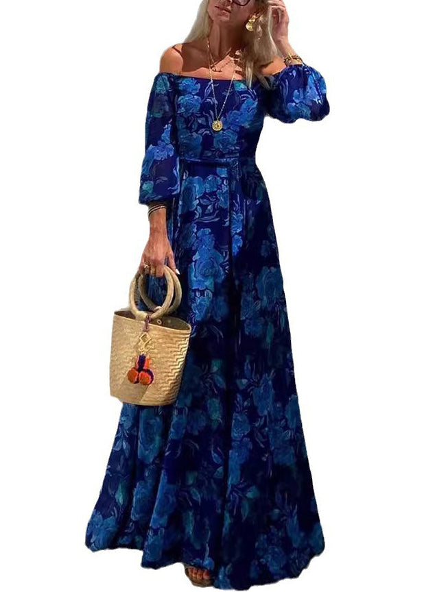 Blue Slash Neck Print Cotton Maxi Dress Bracelet Sleeve