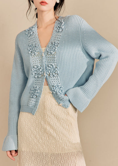Blue V Neck Hollow Out Knit Cardigan Fall