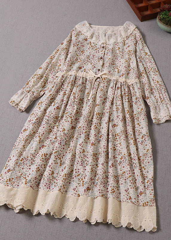 Art Apricot Peter Pan Collar Print Drawstring Dresses Spring