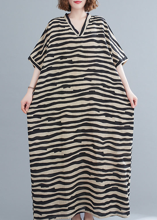 Black Striped V Neck Pockets Long Dress Short Sleeve