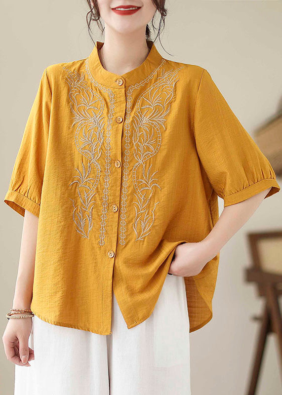 Yellow Embroideried Button Cotton T Shirt Short Sleeve