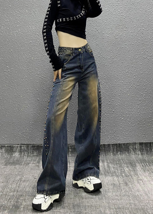 Blue Pockets Rivet High Waist Denim Wide Leg Pants Fall