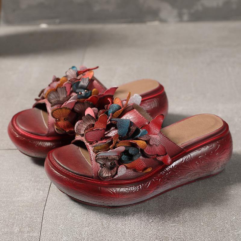 Platform Red Cowhide Leather Peep Toe Slide Sandals