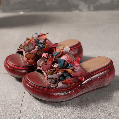 Platform Red Cowhide Leather Peep Toe Slide Sandals