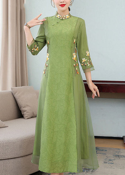 Chinese Style Green Ruffled Embroideried Patchwork Chiffon Dresses Bracelet Sleeve Summer