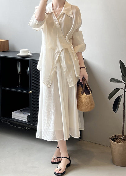 Beige Lace Up Shirts and Skirts Two Pieces Set Fall