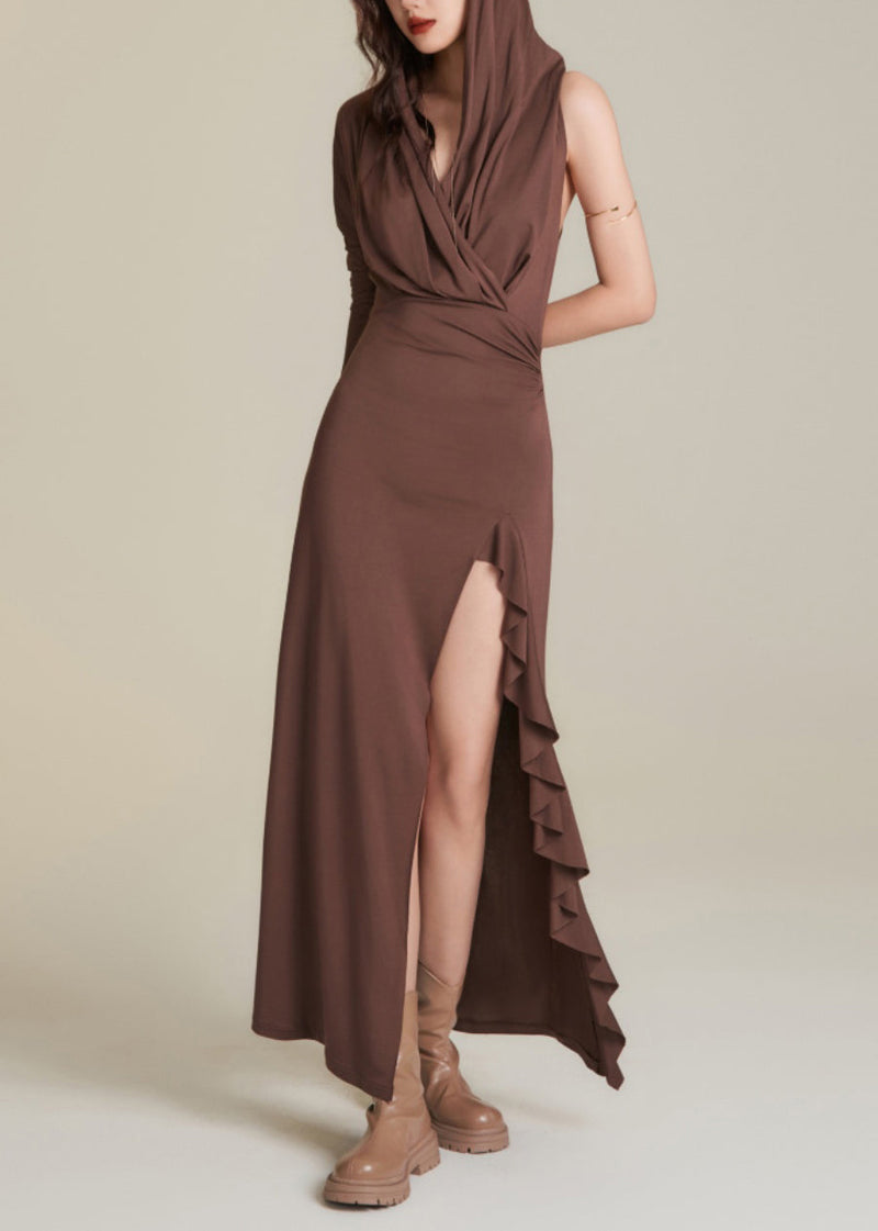 Chocolate Wrinkled Patchwork Holiday Hoode Long Dress Sleeveless