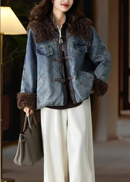 Blue Fur Patchwork Denim Fine Cotton Filled Jacket Winter
