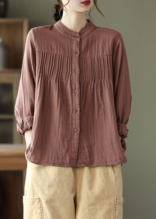 Fitted Chocolate Patchwork Wrinkled Tops Fall Shirt