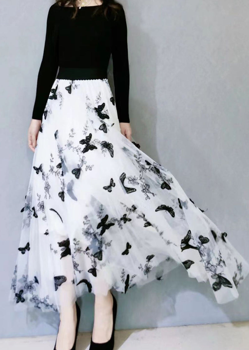 White Butterfly Embroideried Exra Large Hem Loose Tulle Skirt Spring